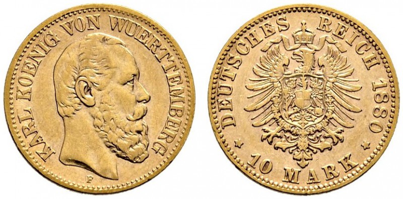 Reichsgoldmünzen. Württemberg. Karl 1864-1891. 10 Mark 1880 F. J. 292. gutes seh...