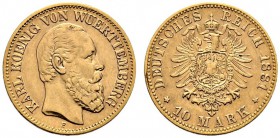 Reichsgoldmünzen. Württemberg. Karl 1864-1891. 10 Mark 1881 F. J. 292. der seltenste Jahrgang, kleiner Randfehler, gutes sehr schön