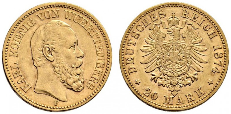 Reichsgoldmünzen. Württemberg. Karl 1864-1891. 20 Mark 1874 F. J. 293. sehr schö...