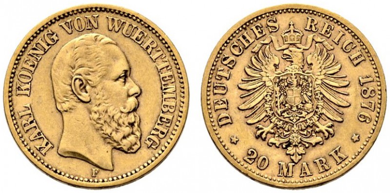 Reichsgoldmünzen. Württemberg. Karl 1864-1891. 20 Mark 1876 F. J. 293. sehr schö...