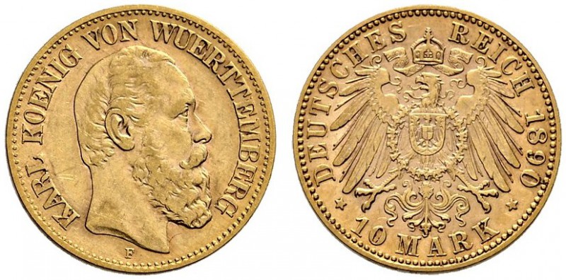 Reichsgoldmünzen. Württemberg. Karl 1864-1891. 10 Mark 1890 F. J. 294. sehr schö...
