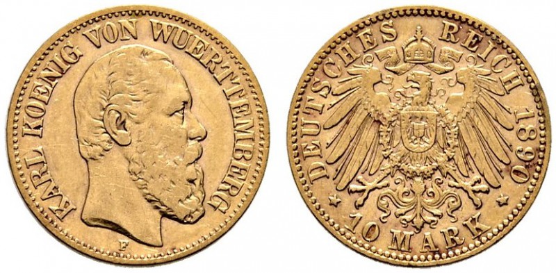 Reichsgoldmünzen. Württemberg. Karl 1864-1891. 10 Mark 1890 F. J. 294. sehr schö...