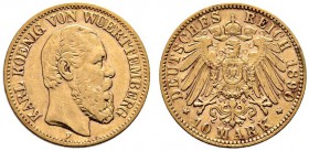 Reichsgoldmünzen. Württemberg. Karl 1864-1891. 10 Mark 1890 F. J. 294. sehr schön