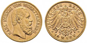 Reichsgoldmünzen. Württemberg. Karl 1864-1891. 10 Mark 1891 F. J. 294. sehr schön-vorzüglich Die letzte unter König Karl geprägte Münze.