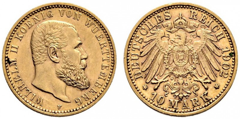 Reichsgoldmünzen. Württemberg. Wilhelm II. 1891-1918. 10 Mark 1902 F. J. 295. be...