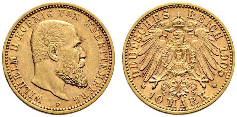 Reichsgoldmünzen. Württemberg. Wilhelm II. 1891-1918. 10 Mark 1905 F. J. 295. se...