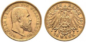 Reichsgoldmünzen. Württemberg. Wilhelm II. 1891-1918. 10 Mark 1912 F. J. 295. besserer Jahrgang, minimale Überprägungsspuren auf dem Avers, vorzüglich...