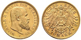 Reichsgoldmünzen. Württemberg. Wilhelm II. 1891-1918. 10 Mark 1913 F. J. 295. der seltenste Jahrgang, gutes vorzüglich