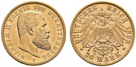 Reichsgoldmünzen. Württemberg. Wilhelm II. 1891-1918. 20 Mark 1898 F. J. 296. besserer Jahrgang, sehr schön-vorzüglich