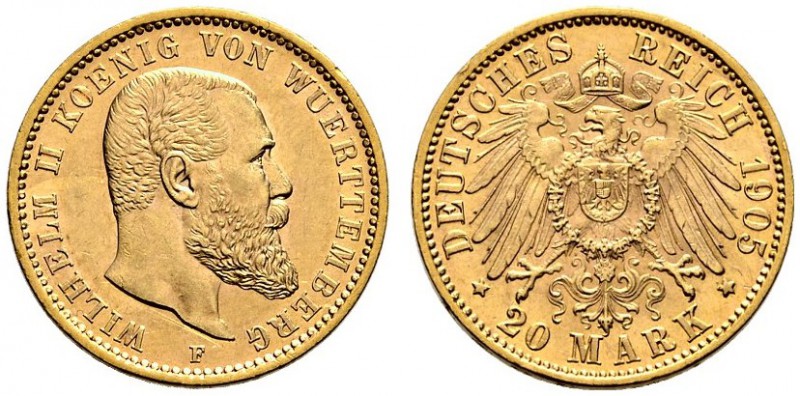 Reichsgoldmünzen. Württemberg. Wilhelm II. 1891-1918. 20 Mark 1905 F. J. 296. kl...