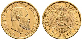 Reichsgoldmünzen. Württemberg. Wilhelm II. 1891-1918. 20 Mark 1905 F. J. 296. kleine Kratzer und Randfehler, vorzüglich