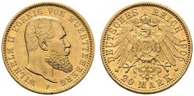 Reichsgoldmünzen. Württemberg. Wilhelm II. 1891-1918. 20 Mark 1905 F. J. 296. sehr schön-vorzüglich/vorzüglich