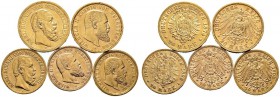 Reichsgoldmünzen. Württemberg. Wilhelm II. 1891-1918. Lot (5 Stücke): 20 Mark 1894 sowie 10 Mark 1903 und 1909. Dazu: Karl, 20 Mark 1874 und 10 Mark 1...
