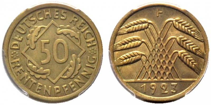Weimarer Republik. 50 Rentenpfennig 1923 F. J. 310. In Plastikholder der PCGS (s...
