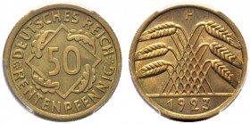 Weimarer Republik. 50 Rentenpfennig 1923 F. J. 310. In Plastikholder der PCGS (slapped) mit der Bewertung MS 66 sehr selten in dieser Erhaltung, Prach...
