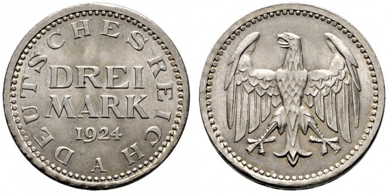 Weimarer Republik. 3 Mark 1924 A. J. 312. vorzüglich-Stempelglanz