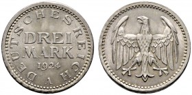 Weimarer Republik. 3 Mark 1924 A. J. 312. vorzüglich-Stempelglanz