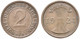 Weimarer Republik. 2 Reichspfennig 1924. Fehlprägung ohne Münzzeichen(!). J. 314. sehr schön-vorzüglich
