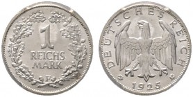 Weimarer Republik. 1 Reichsmark 1925 F. J. 319. In Plastikholder der PCGS (slapped) mit der Bewertung MS 67 Kabinettstück von feinster Erhaltung, Stem...