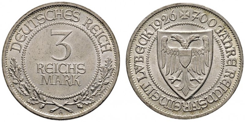Weimarer Republik. 3 Reichsmark 1926 A. Lübeck. J. 323. winzige Randfehler, gute...