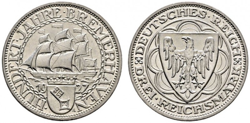 Weimarer Republik. 3 Reichsmark 1927 A. Bremerhaven. J. 325. vorzüglich-prägefri...