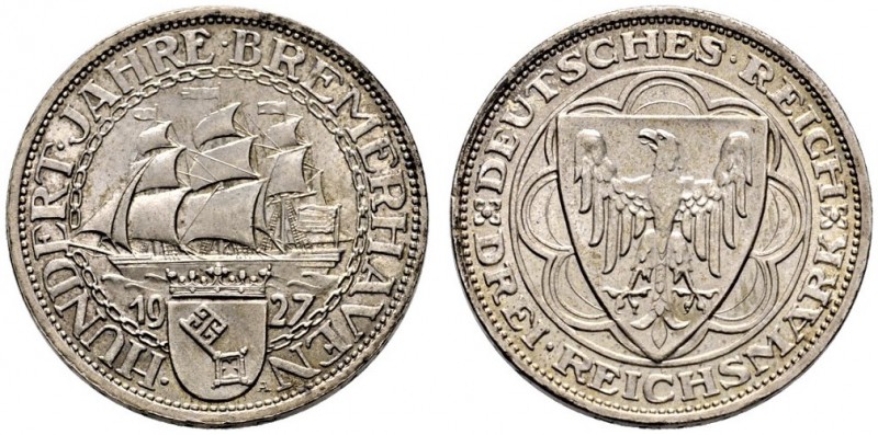 Weimarer Republik. 3 Reichsmark 1927 A. Bremerhaven. J. 325. feine Patina, winzi...