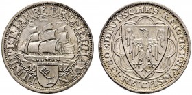 Weimarer Republik. 3 Reichsmark 1927 A. Bremerhaven. J. 325. feine Patina, winzige Randunebenheiten, vorzüglich-prägefrisch