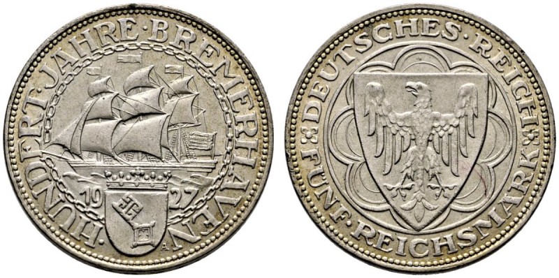 Weimarer Republik. 5 Reichsmark 1927 A, Bremerhaven. J. 326. kleine Kratzer und ...