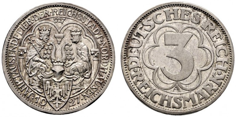 Weimarer Republik. 3 Reichsmark 1927 A. Nordhausen. J. 327. feine Tönung, Polier...