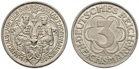 Weimarer Republik. 3 Reichsmark 1927 A. Nordhausen. J. 327. kleine Kratzer, vorzüglich