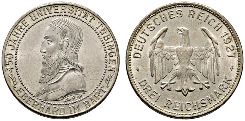 Weimarer Republik. 3 Reichsmark 1927 F. Uni Tübingen. J. 328. fast Stempelglanz