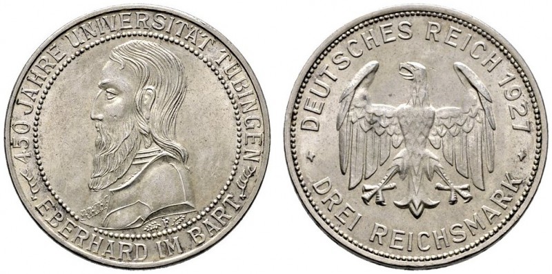 Weimarer Republik. 3 Reichsmark 1927 F. Uni Tübingen. J. 328. minimale Kratzer, ...