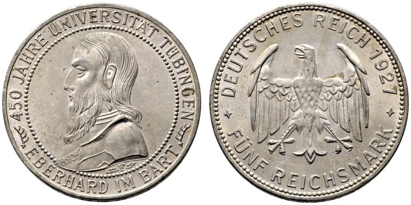 Weimarer Republik. 5 Reichsmark 1927 F. Uni Tübingen. J. 329. vorzüglich-Stempel...