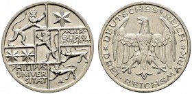 Weimarer Republik. 3 Reichsmark 1927 A. Uni Marburg. J. 330. kleine Kratzer, vorzüglich