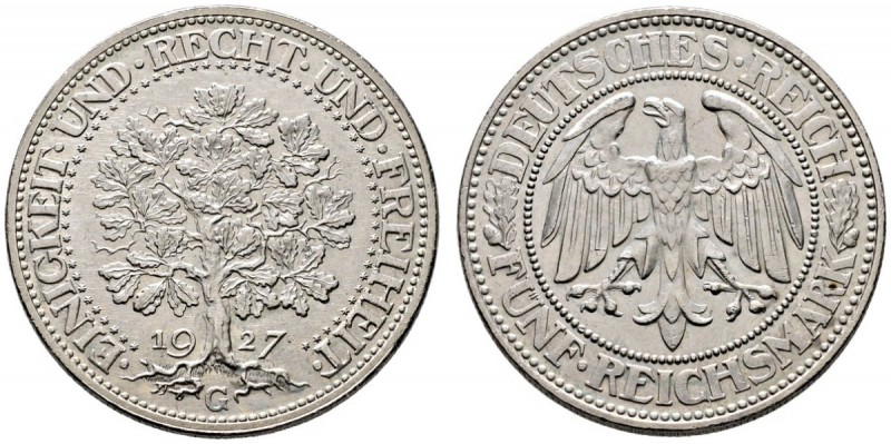 Weimarer Republik. 5 Reichsmark 1927 G. Eichbaum. J. 331. minimale Kratzer, vorz...