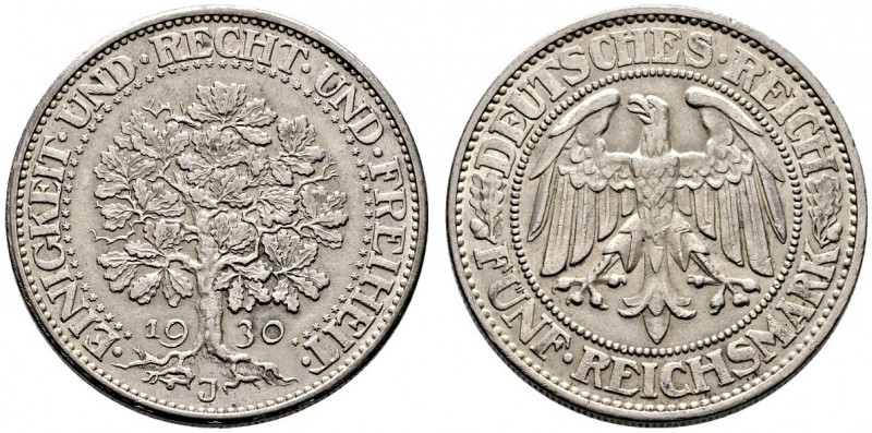 Weimarer Republik. 5 Reichsmark 1930 J. Eichbaum. J. 331. selten, sehr schön-vor...