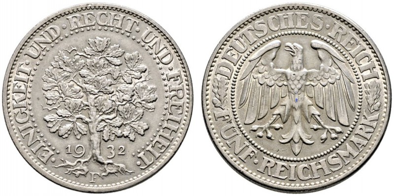 Weimarer Republik. 5 Reichsmark 1932 F. Eichbaum. J. 331. fast vorzüglich