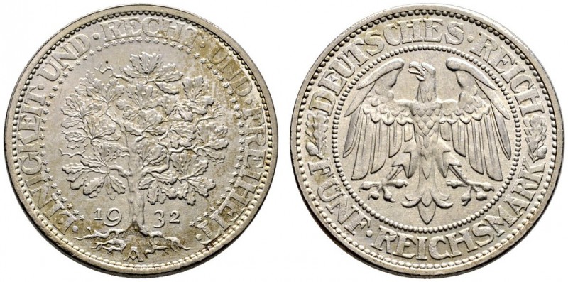 Weimarer Republik. 5 Reichsmark 1932 A. Eichbaum. J. 331. winzige Randfehler, vo...