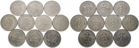 Weimarer Republik. 27 Stücke: 5 Reichsmark. Eichbaum. 1927 A,D,F,J; 1928 A,D,E,F,G,J; 1929 A,D,F,G,J; 1930 A; 1931 A,D,E, F,J sowie 1932 A,D,E,F,G,J. ...