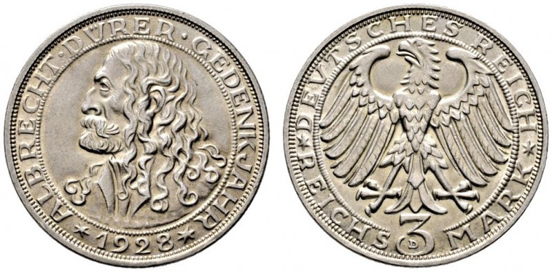 Weimarer Republik. 3 Reichsmark 1928 D. Dürer. J. 332. leichte Tönung, vorzüglic...