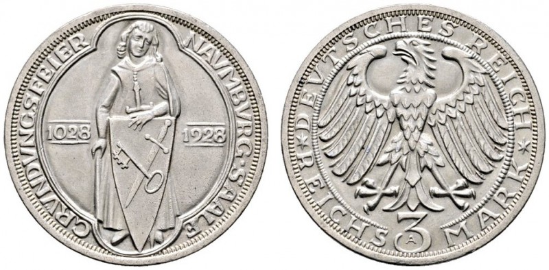Weimarer Republik. 3 Reichsmark 1928 A. Naumburg. J. 333. vorzüglich