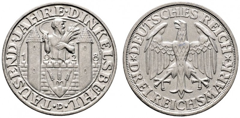 Weimarer Republik. 3 Reichsmark 1928 D. Dinkelsbühl. J. 334. minimaler Kratzer a...