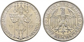 Weimarer Republik. 5 Reichsmark 1929 E. Meissen. J. 339. kleine Kratzer und Randfehler, vorzüglich-prägefrisch