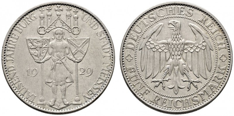 Weimarer Republik. 5 Reichsmark 1929 E. Meissen. J. 339. sehr schön-vorzüglich