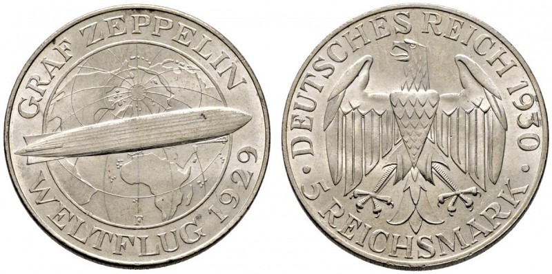 Weimarer Republik. 5 Reichsmark 1930 F. Zeppelin. J. 343. prägefrisch