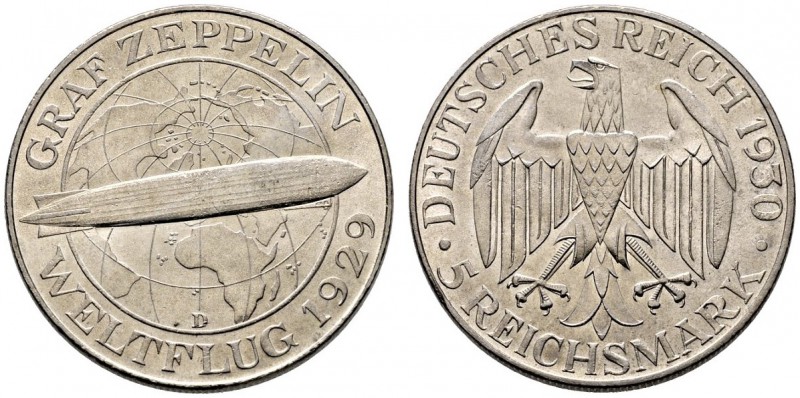 Weimarer Republik. 5 Reichsmark 1930 D. Zeppelin. J. 343. minimale Kratzer, präg...