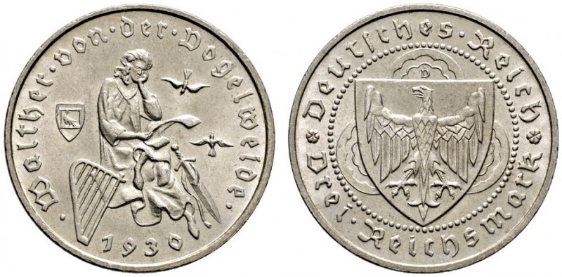 Weimarer Republik. 3 Reichsmark 1930 D. Vogelweide. J. 344. vorzüglich-prägefris...