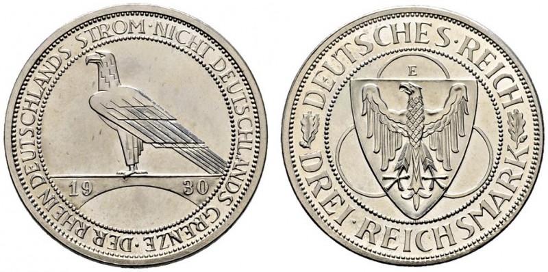 Weimarer Republik. 3 Reichsmark 1930 E. Rheinlandräumung. J. 345. sehr seltenes ...