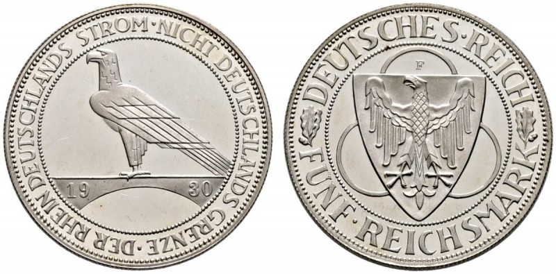 Weimarer Republik. 5 Reichsmark 1930 F. Rheinlandräumung. J. 346. Prachtexemplar...