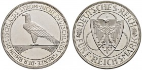 Weimarer Republik. 5 Reichsmark 1930 F. Rheinlandräumung. J. 346. Prachtexemplar, winzige Haarlinien, Polierte Platte